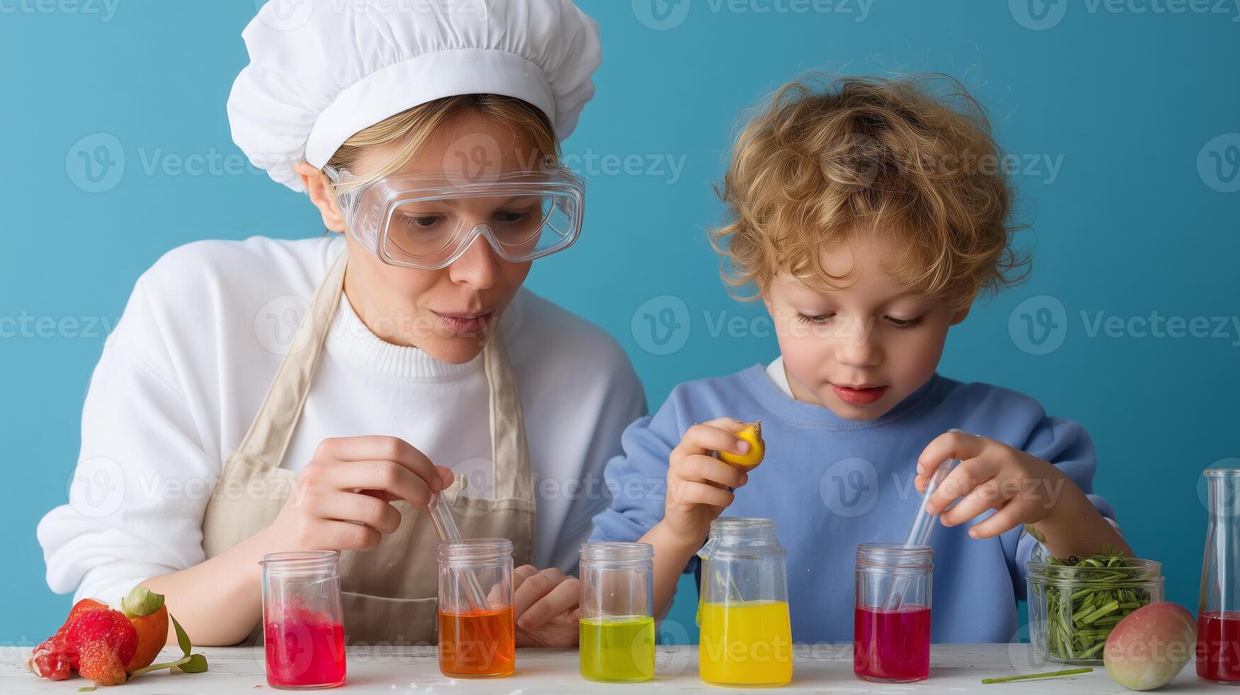 Young boy and woman explore colorful experiments with liquids and ingredients in a cheerful kitchen environment photo