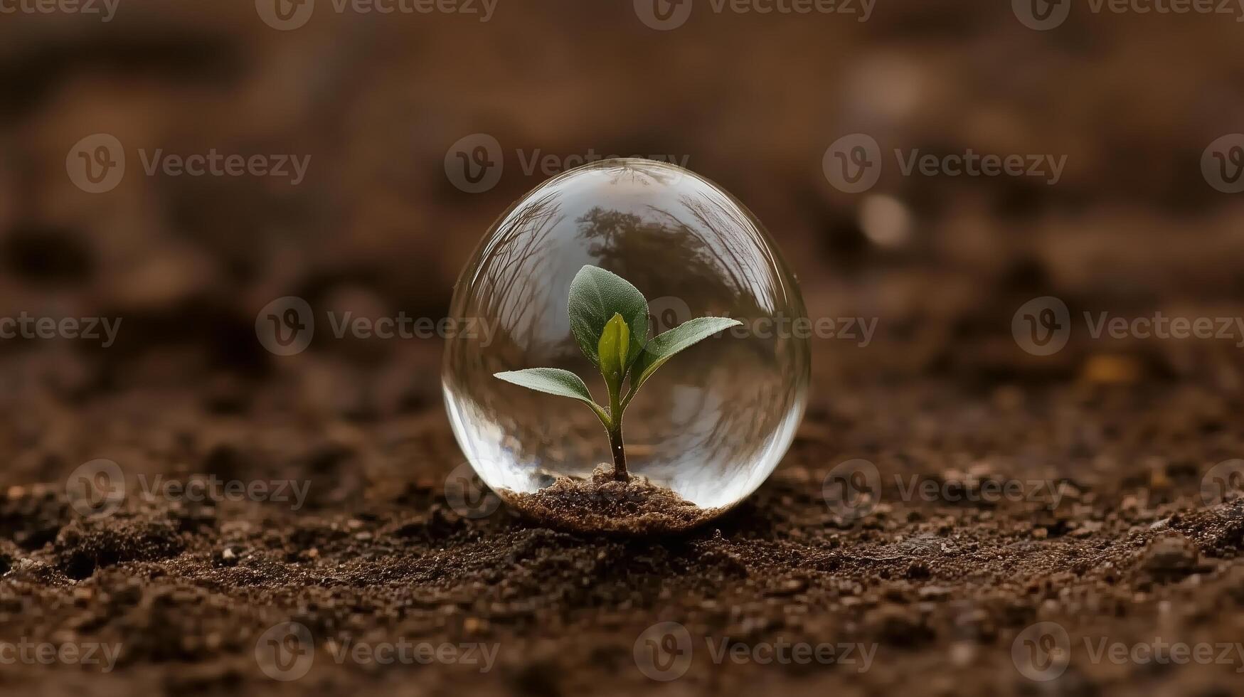 New plant sprout protected by a glass dome on soil during a peaceful afternoon photo