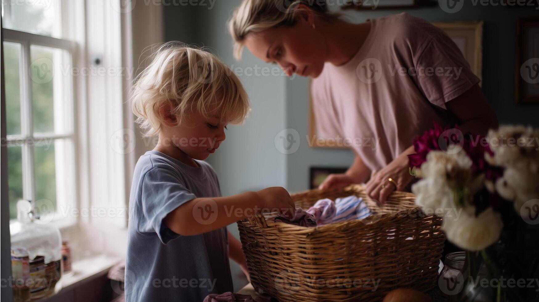 Mother and child engage in laundry activities in a cozy home setting during late afternoon photo