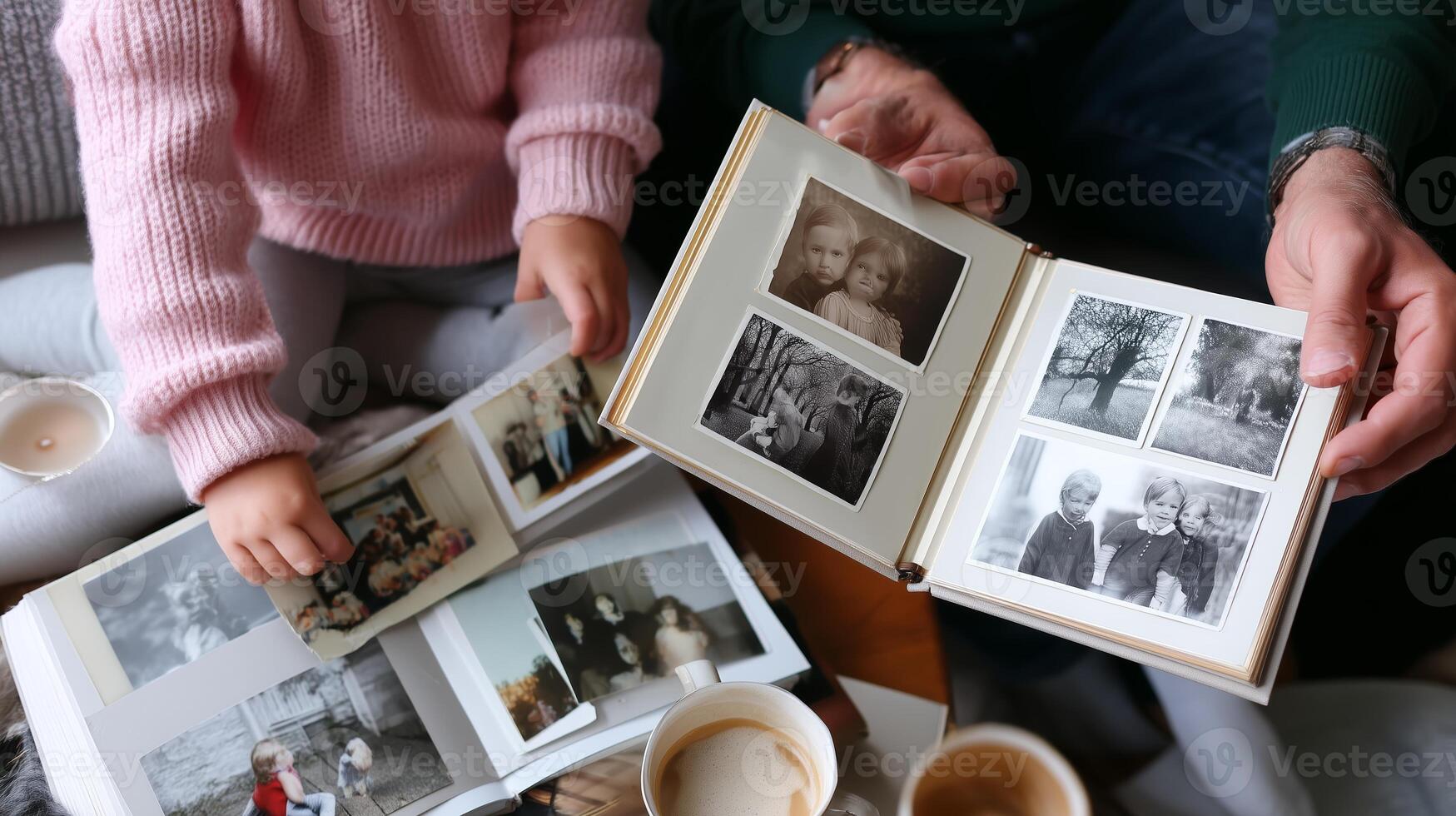 Sharing memories with family during a cozy afternoon at home while looking through old photo albums and enjoying warm beverages