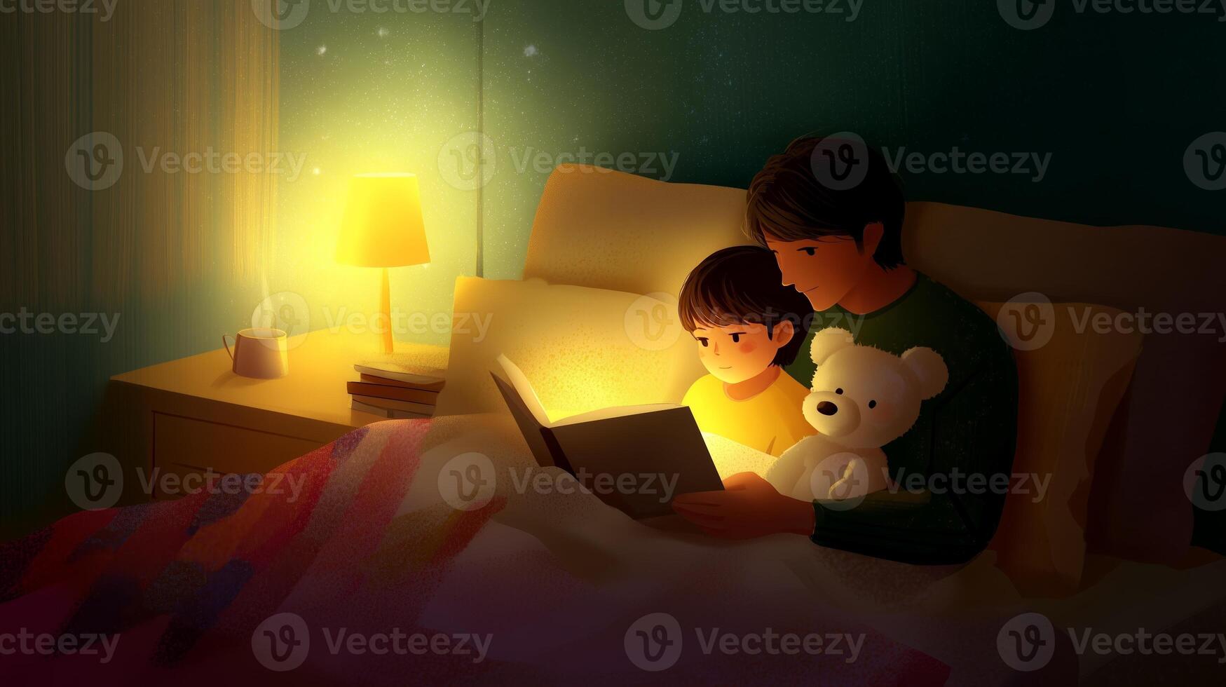 Bedtime story shared between parent and child in cozy bedroom setting with warm light glow photo