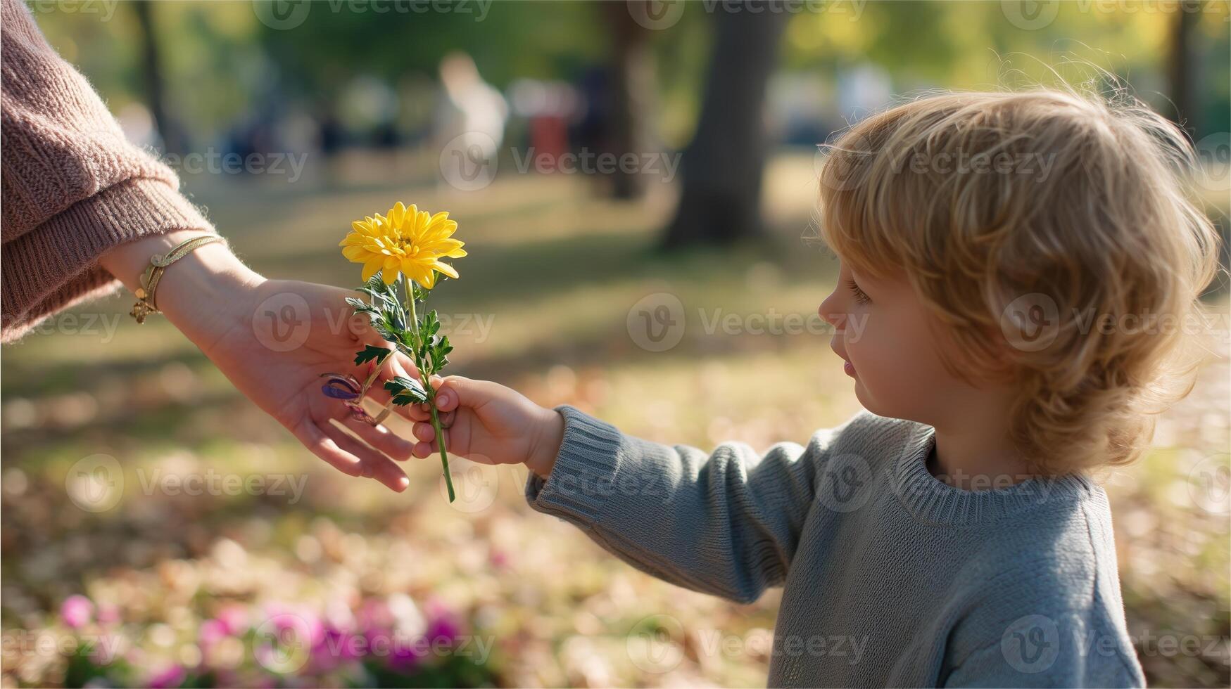 Child offering a yellow flower to an adult during a sunny afternoon in a park photo
