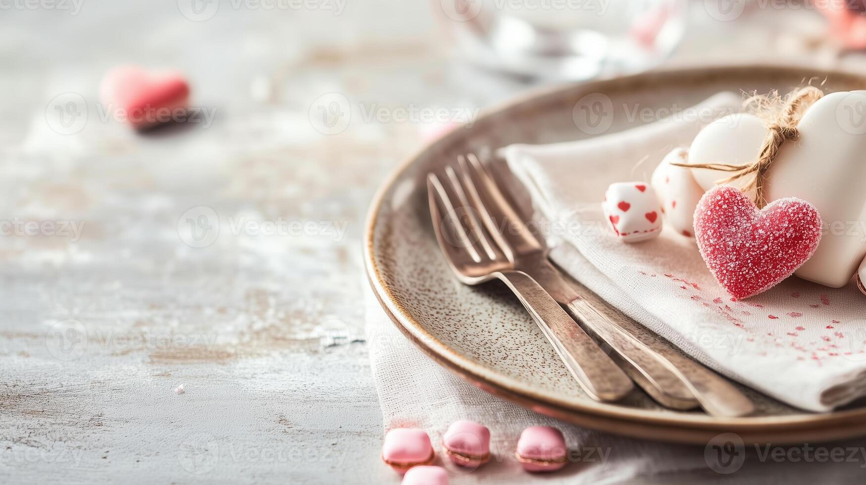 Festive table setting with heart-shaped decorations and sweet treats for a romantic occasion photo