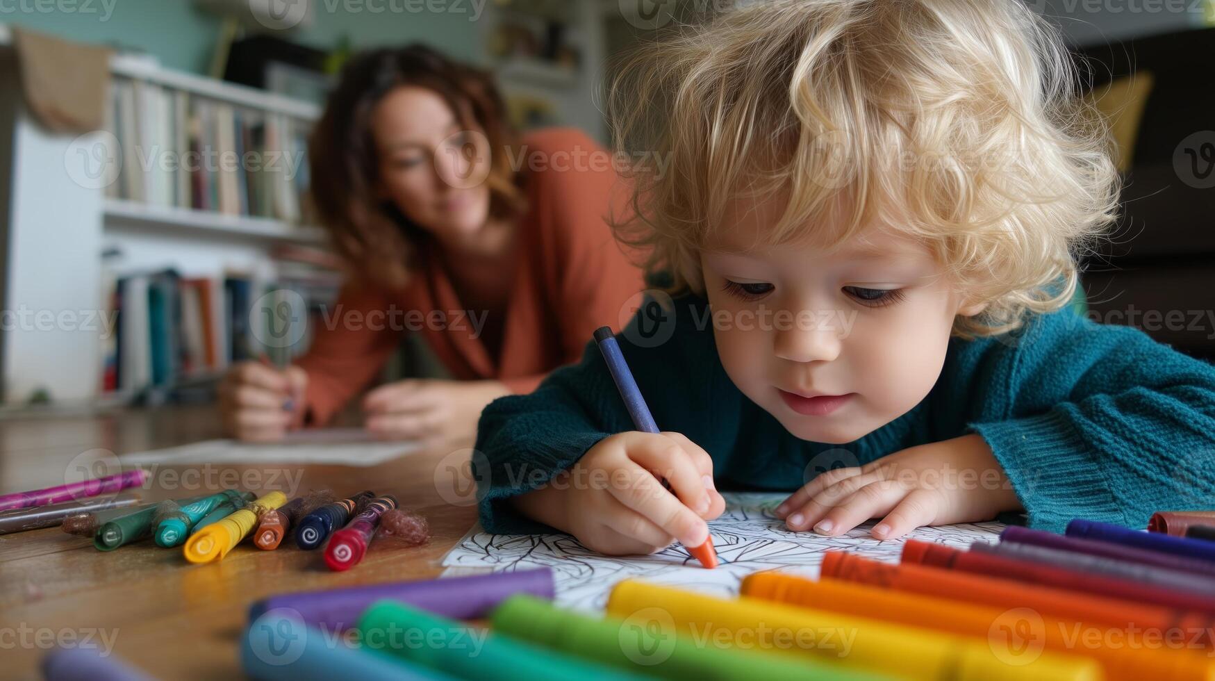 Creative activity at home with child coloring while adult helps nearby photo