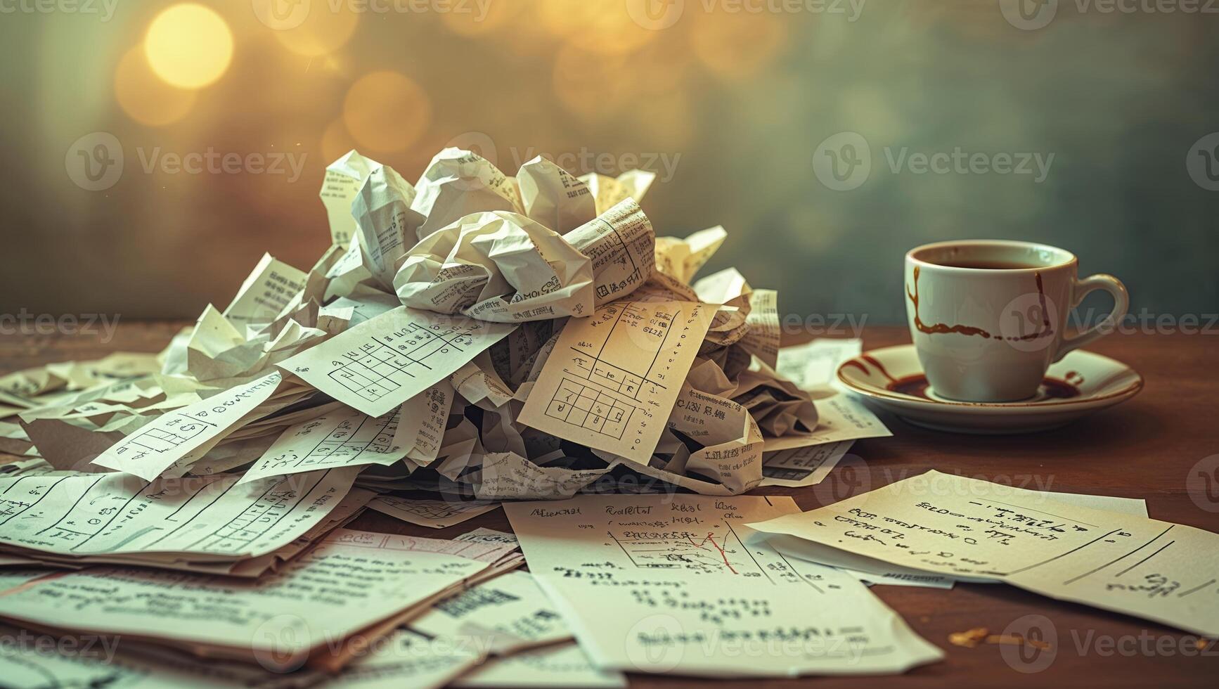 Piles of crumpled papers and a cup of coffee on a wooden table in a cozy setting photo