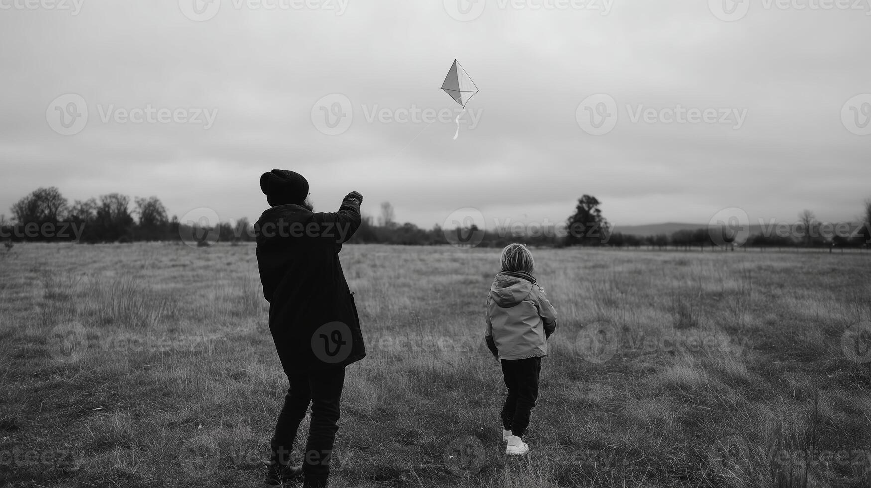 Child and adult flying a kite on a cloudy day in an open field during late afternoon photo