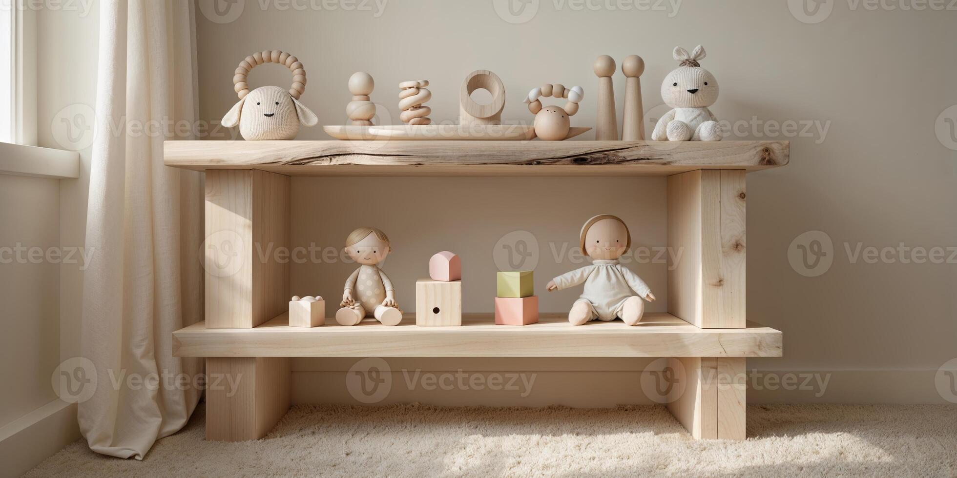 Children's wooden toy display in a cozy playroom with soft lighting during daytime photo