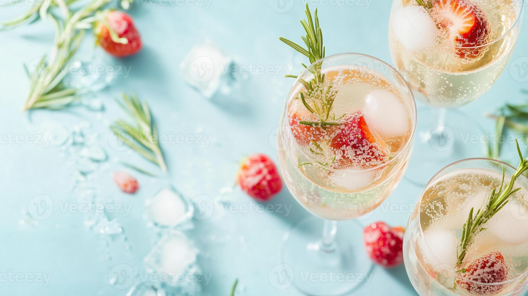 Refreshing cocktail with strawberries and rosemary served on a blue background with ice and berries for a summer party photo