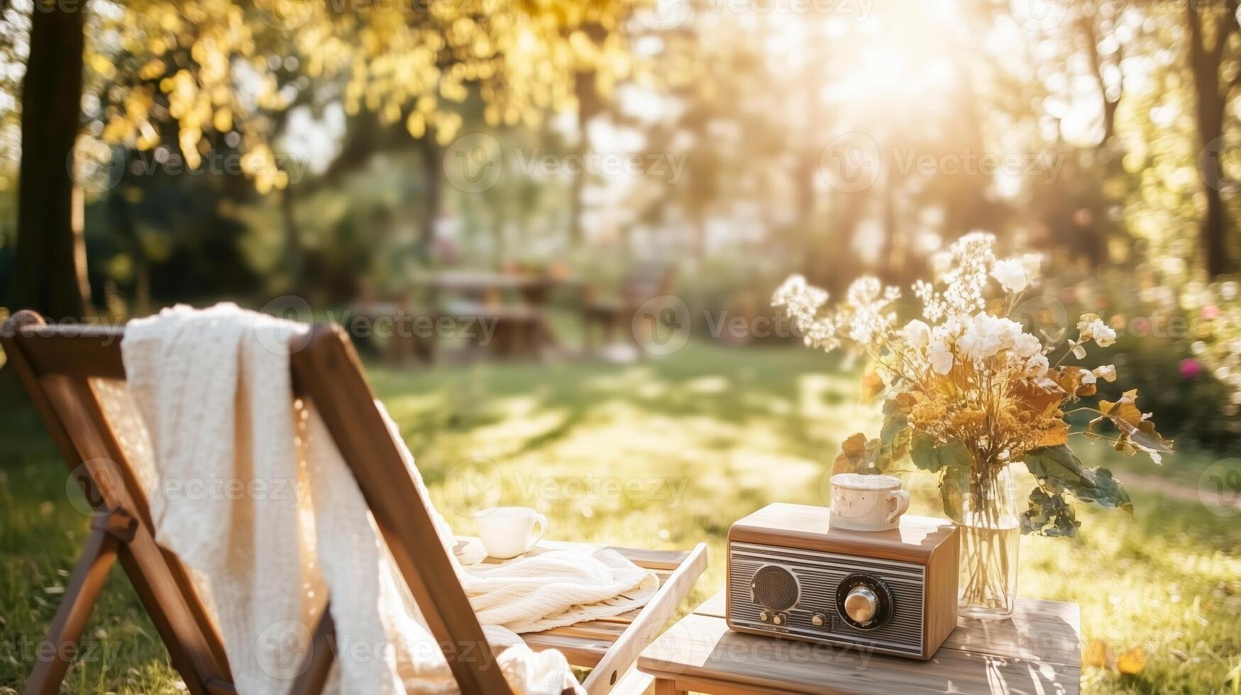 Cozy afternoon in a sunlit garden with a vintage radio and fresh flowers photo