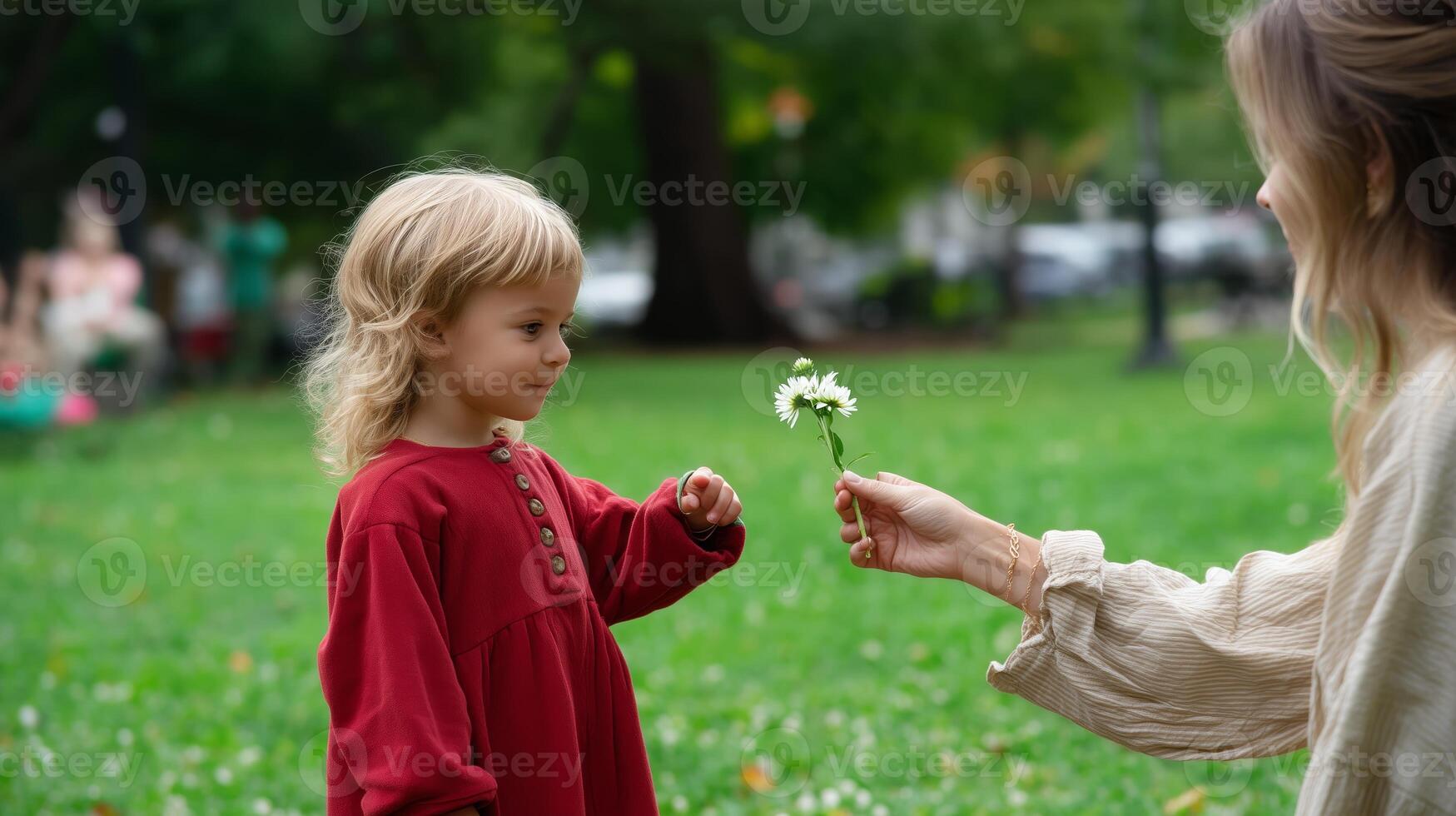Child in red dress receives flower from caregiver in a park on a sunny afternoon photo