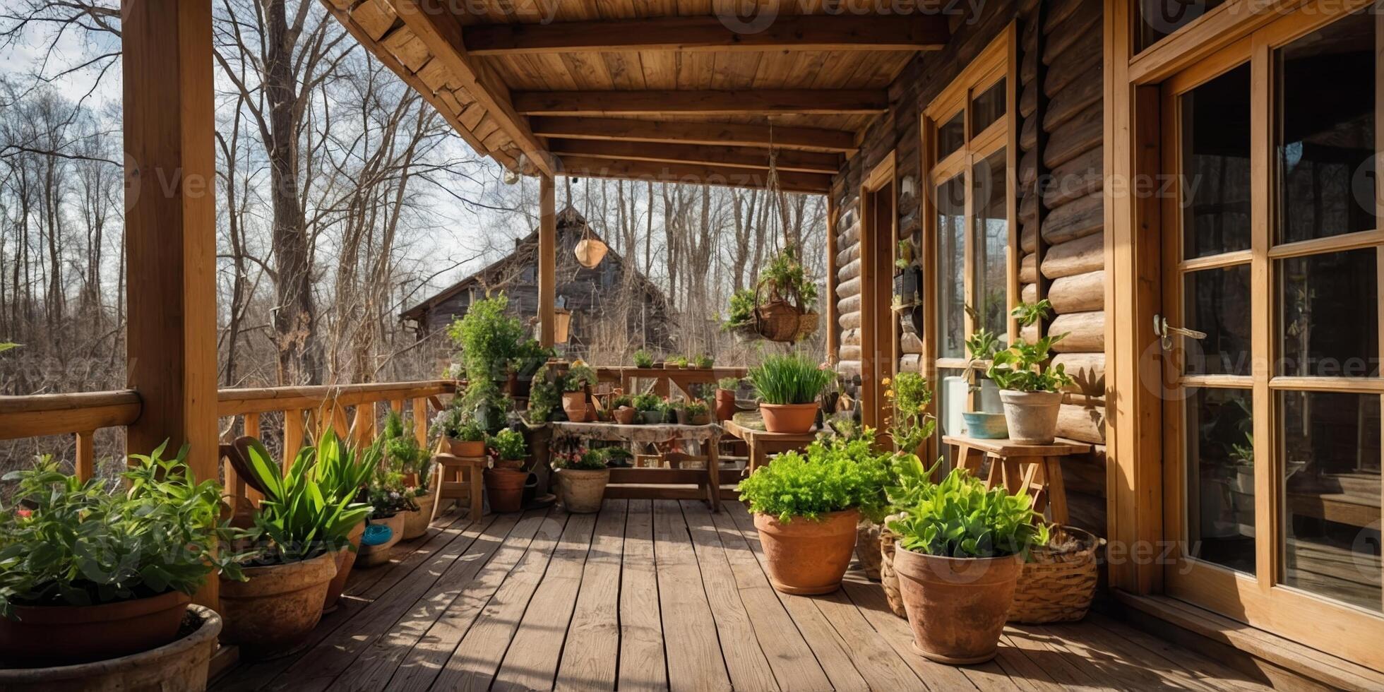 Cozy wooden porch adorned with lively potted plants and greenery in a serene forest setting during afternoon light photo