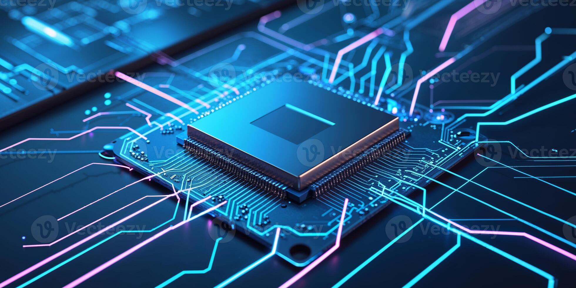 High-tech microprocessor with glowing circuit paths showcasing modern technology advancements and innovation in electronics photo