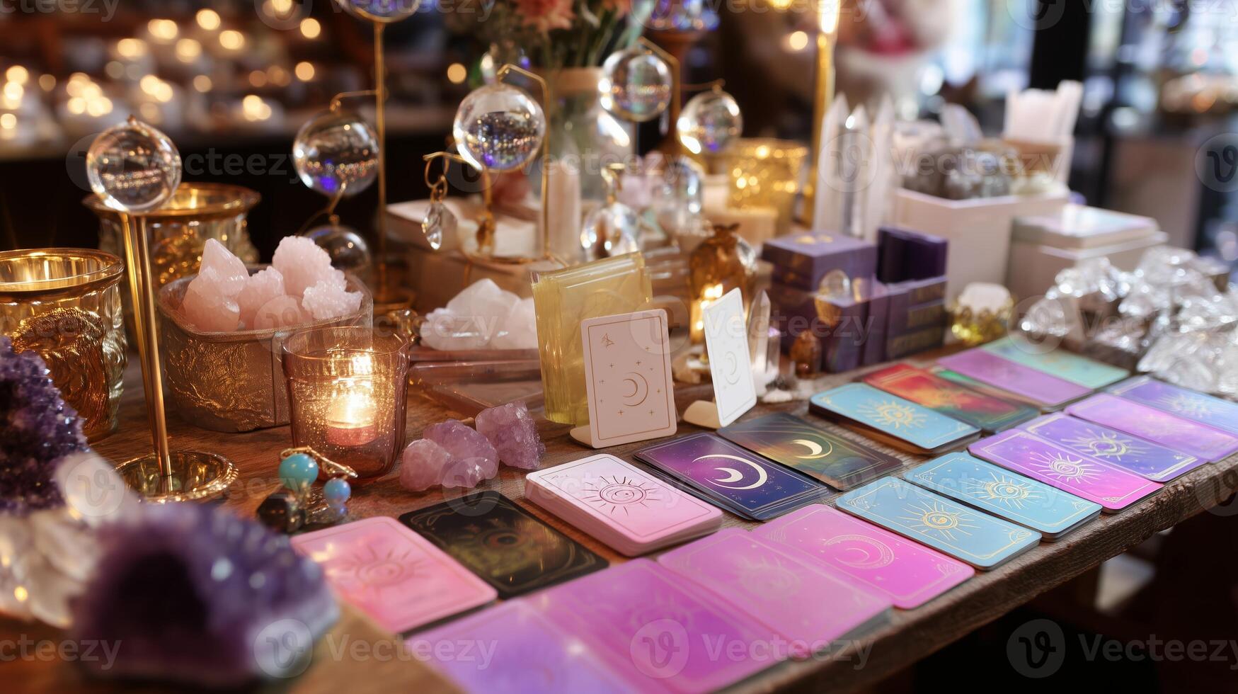 Colorful tarot and crystal display at a mystical shop during a cozy evening photo
