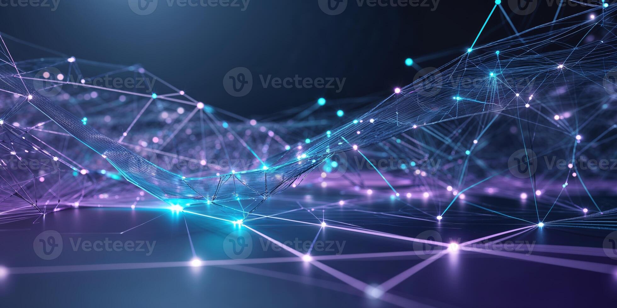 Futuristic network visualization with glowing nodes and interconnected lines in a digital space at night photo