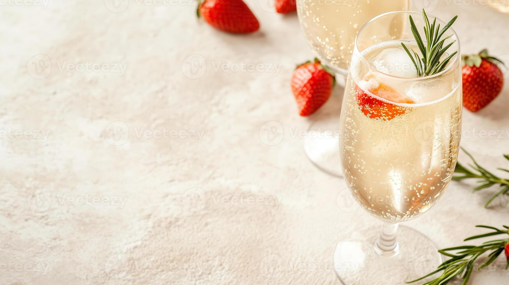 Sparkling cocktails garnished with strawberries and rosemary on a light background for a festive gathering photo