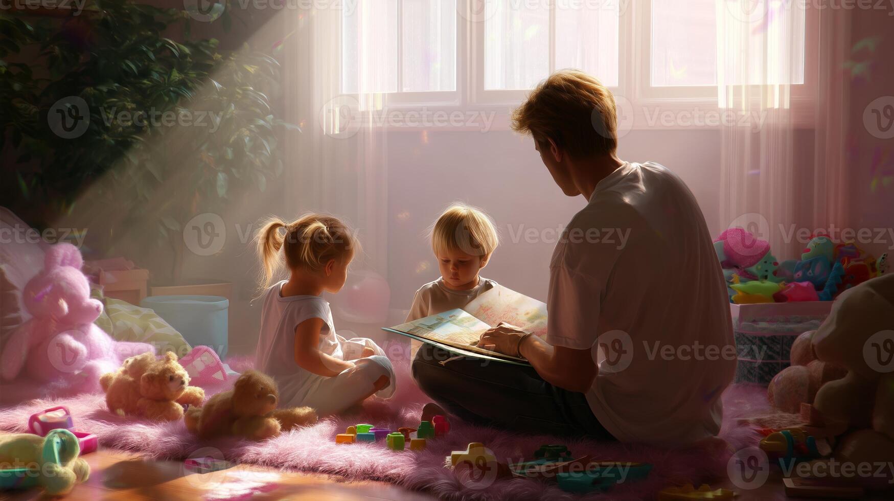 Father reading a story to his children in a cozy playroom filled with toys during the afternoon photo