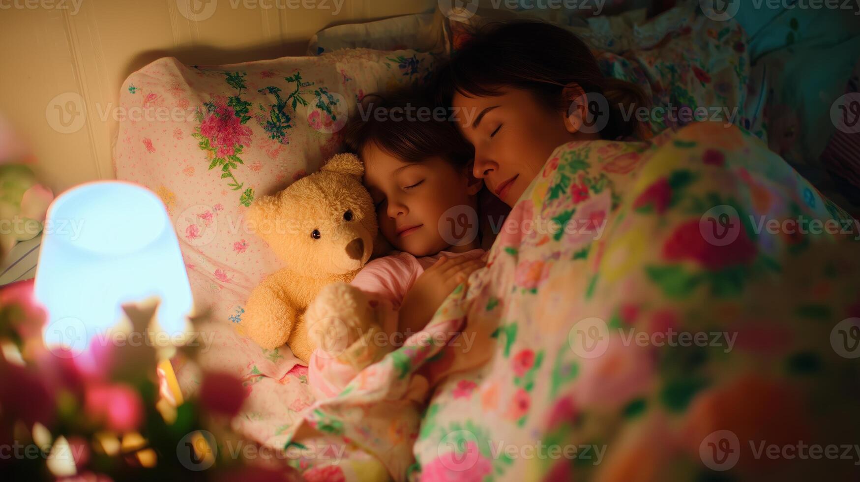 Mother and child share a peaceful moment cuddled under a floral blanket with a teddy bear in a softly lit bedroom photo