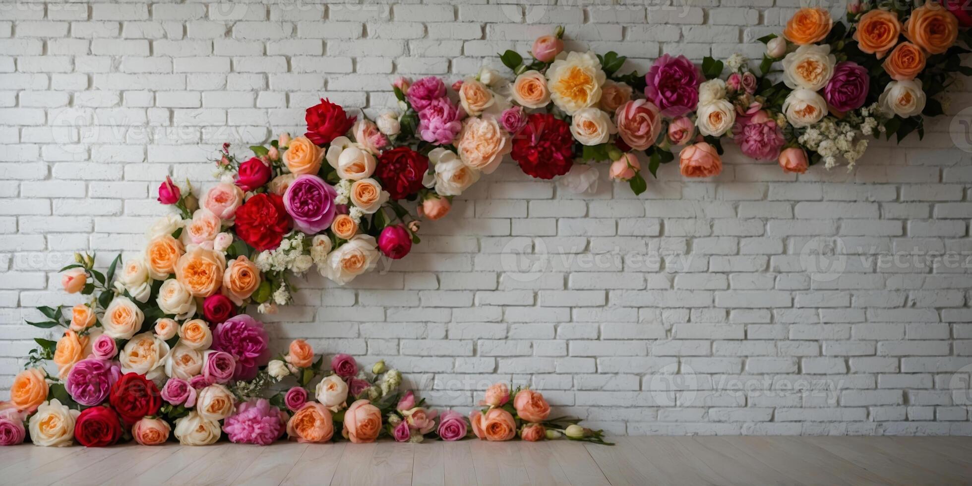 Colorful flower wall arrangement showcases vibrant blooms at a wedding reception venue in spring photo