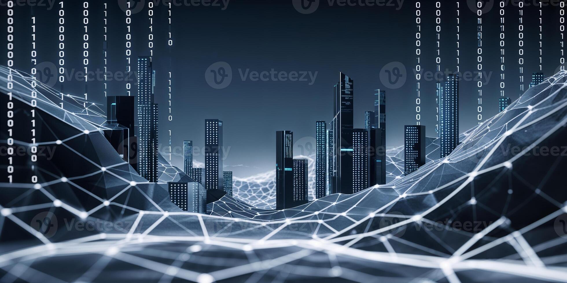 City skyline illuminated by digital networks and binary code showcases futuristic technology and urban development photo