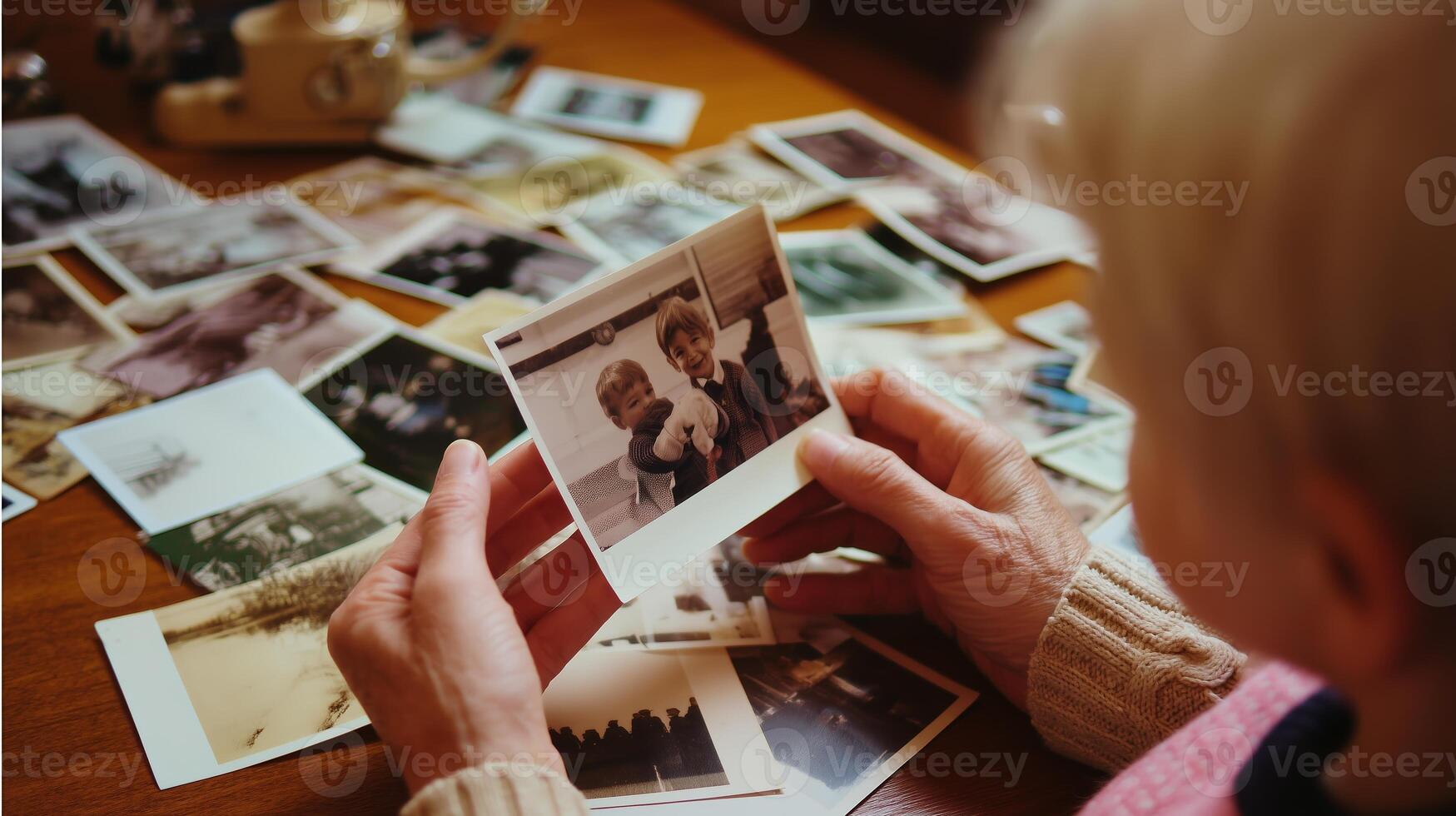 Elderly person reminiscing while sorting through old family photographs at home in the afternoon light photo