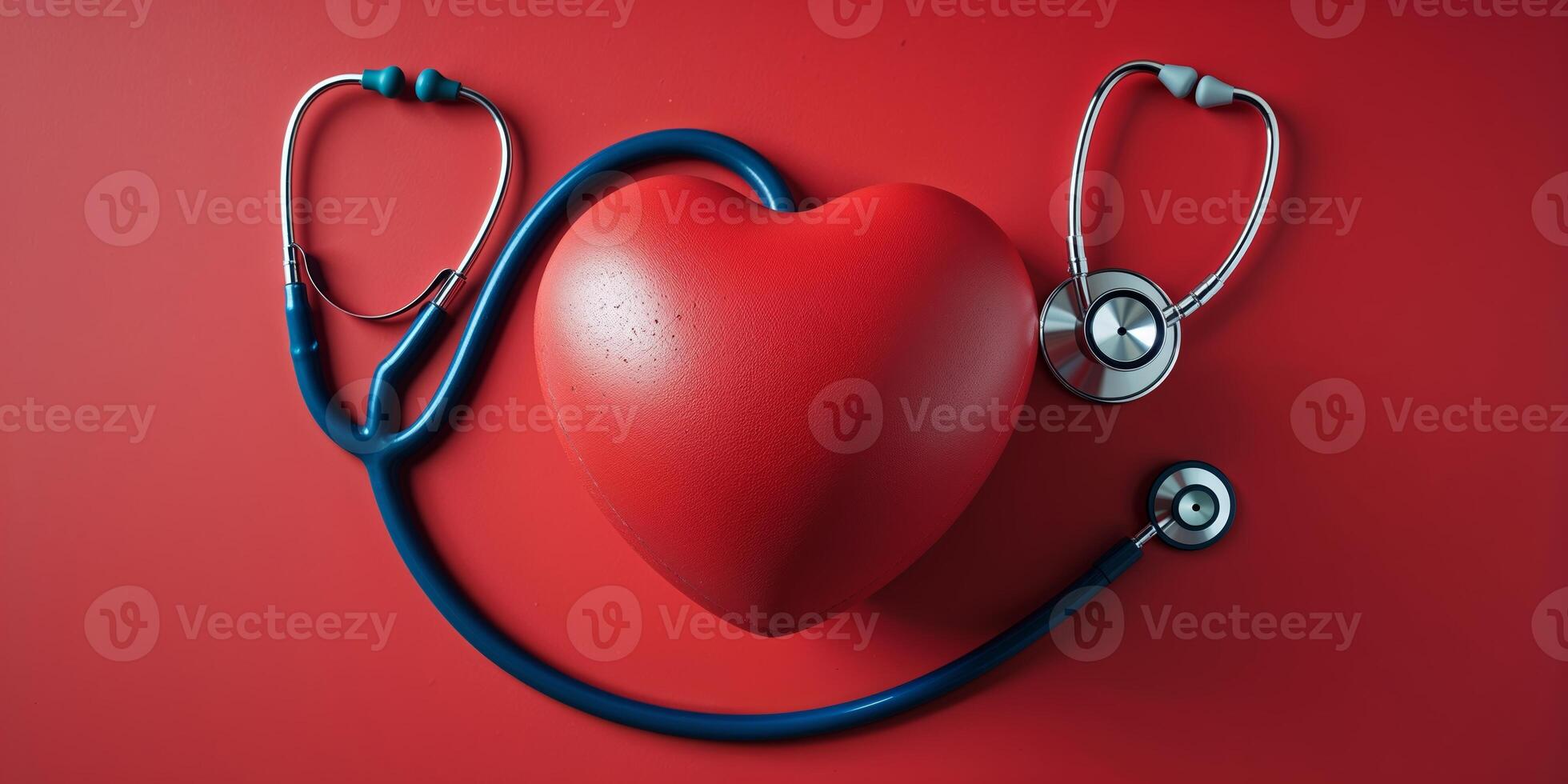 Symbolizing healthcare with a red heart and stethoscopes on a vibrant backdrop emphasizing health awareness photo