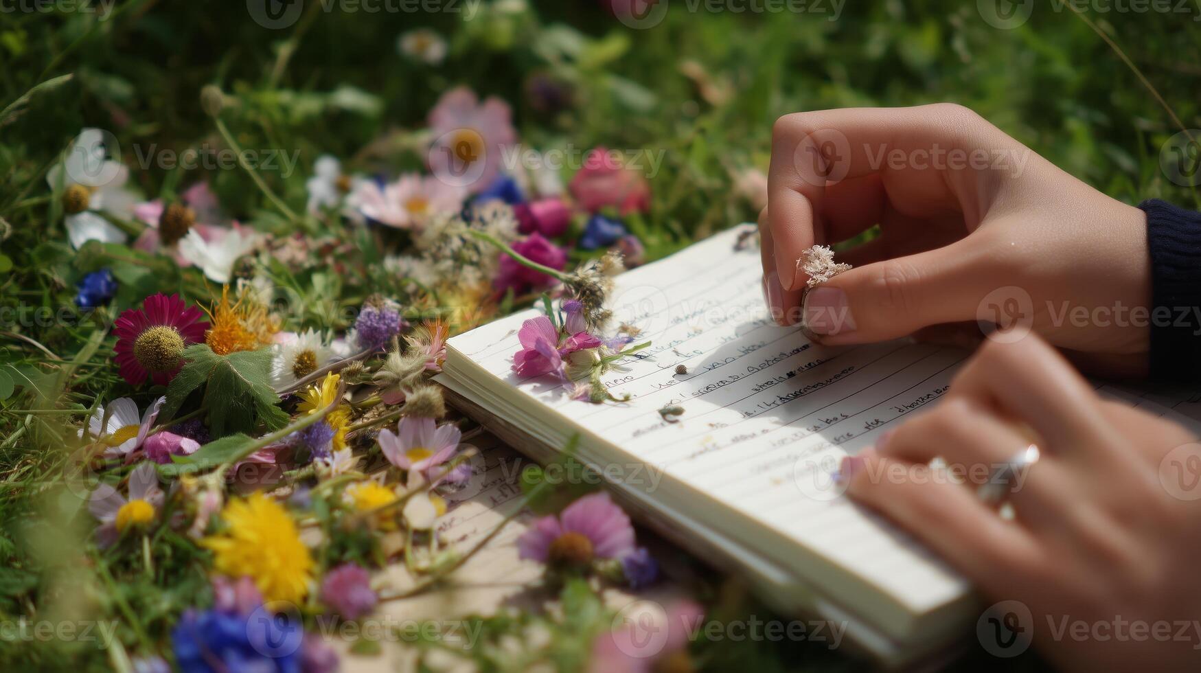 Hands gently hold a flower while writing in a notebook surrounded by vibrant wildflowers in a sunny meadow photo