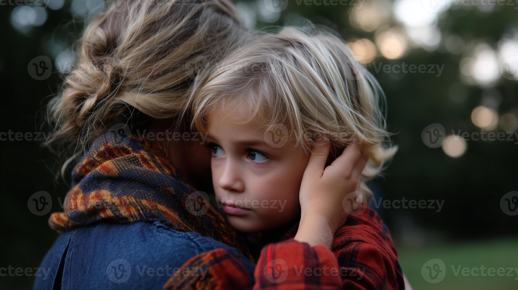 Embrace between a mother and child during dusk in a peaceful outdoor setting photo