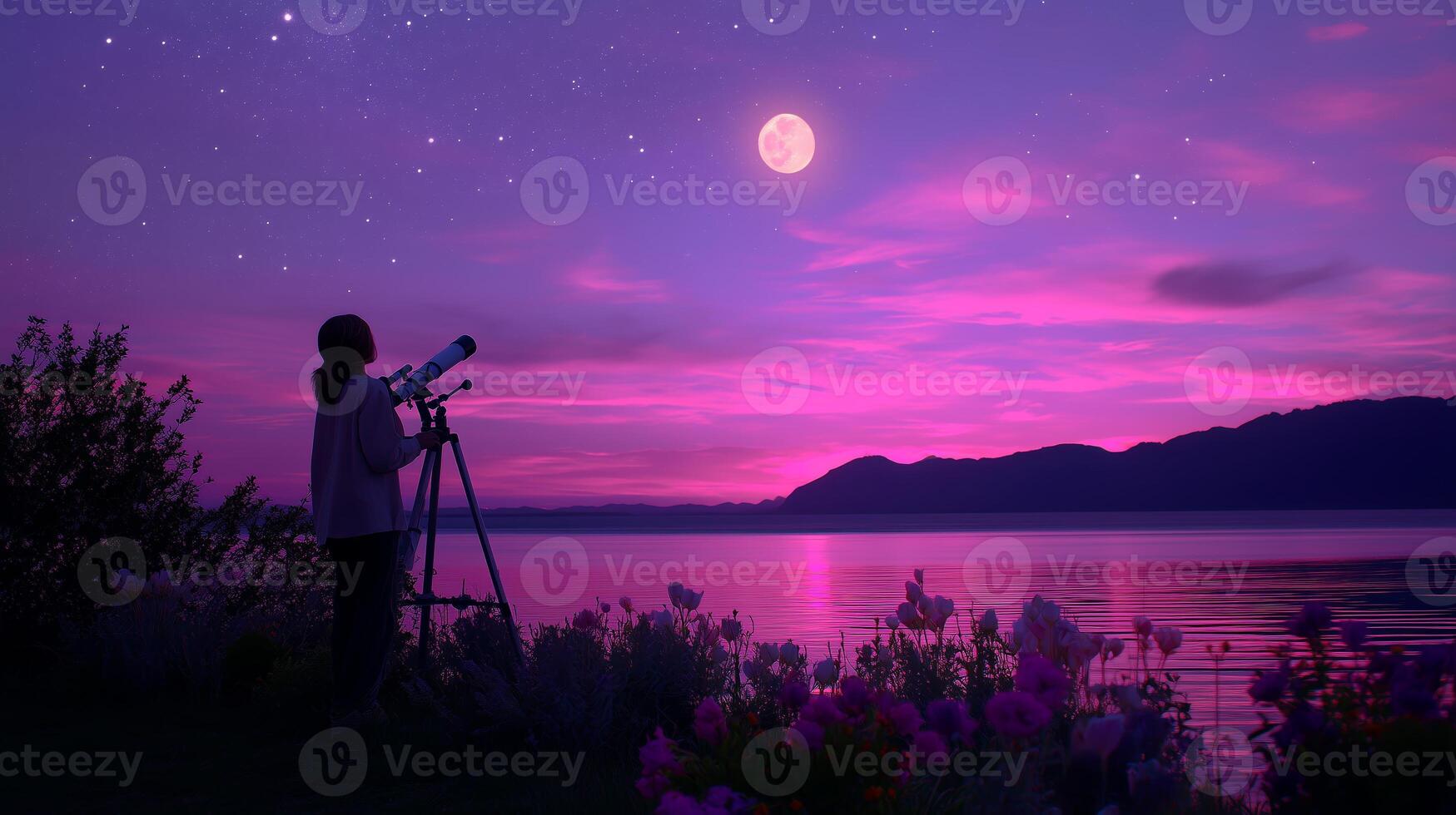 Stargazer observes the moon and stars using a telescope by the lake during a beautiful twilight photo