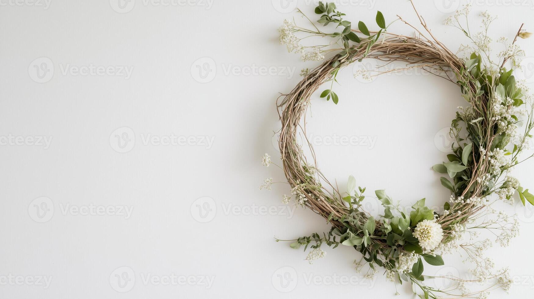 Beautiful natural wreath made with fresh greenery and flowers for home decoration during spring or summer photo