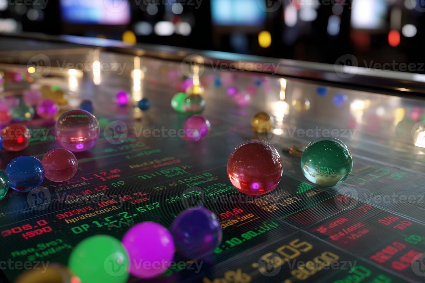 Colorful marbles scattered on a glass surface near illuminated display screens in a gaming arcade photo
