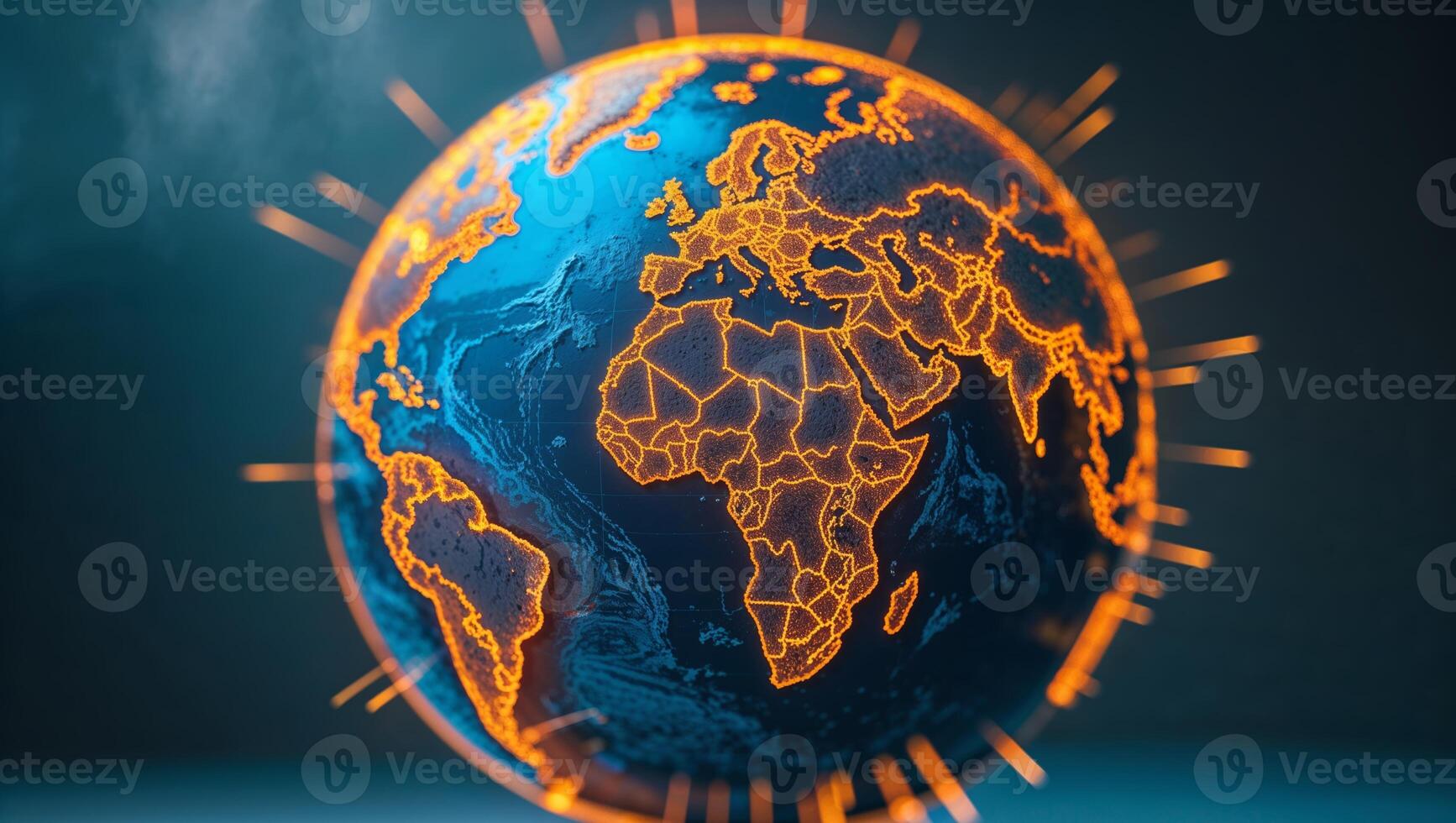 Glowing representation of the Earth showcasing continents with bright outlines against a dark background photo