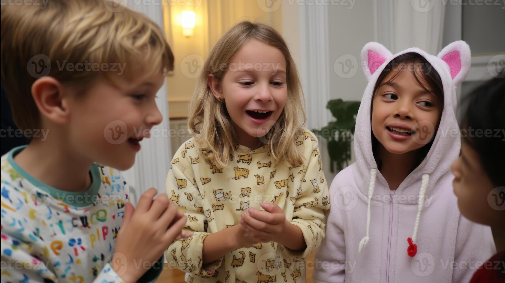 Children smiling and laughing while playing games together indoors during a cozy evening photo