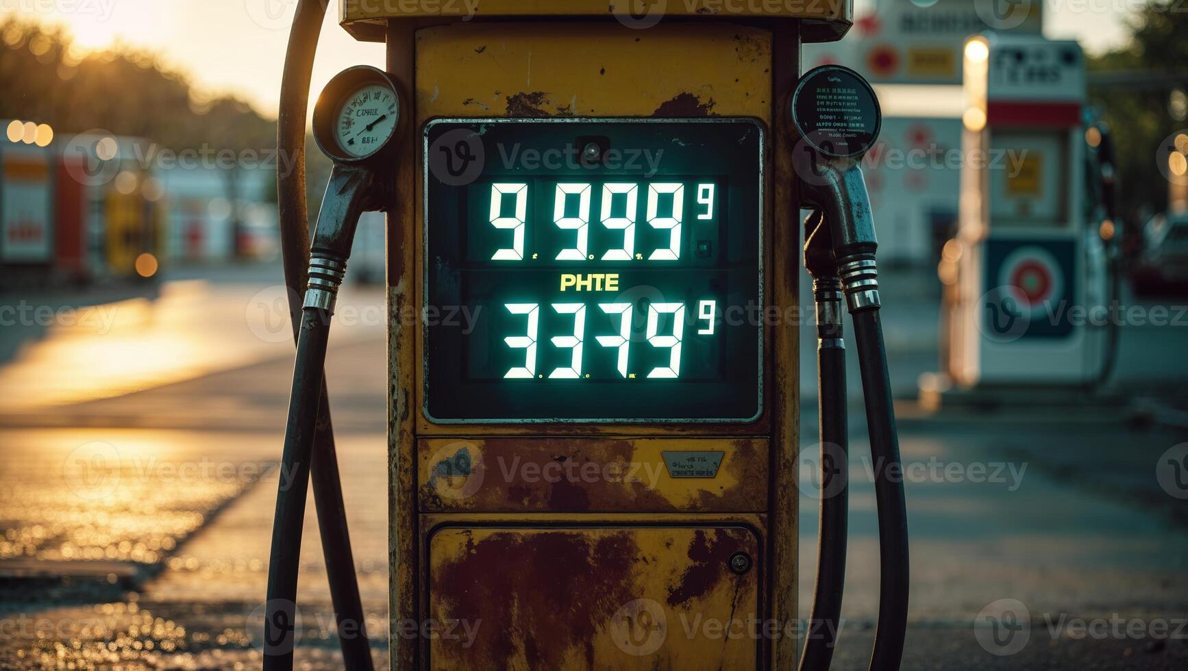 Vintage gas station pump displays price during sunset in urban setting photo