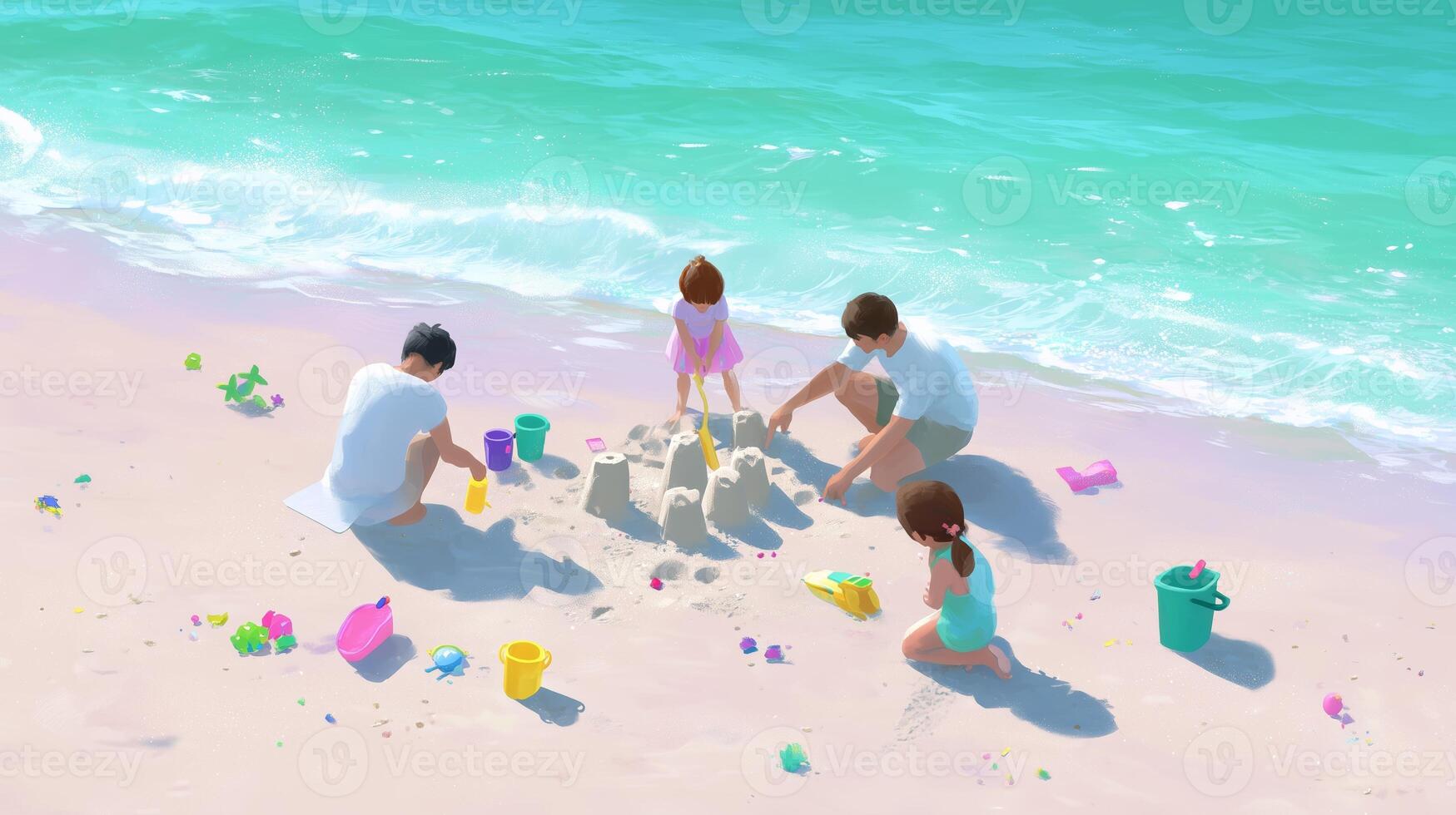 Family enjoys building a sandcastle together on a sunny beach by the ocean on a warm summer day photo