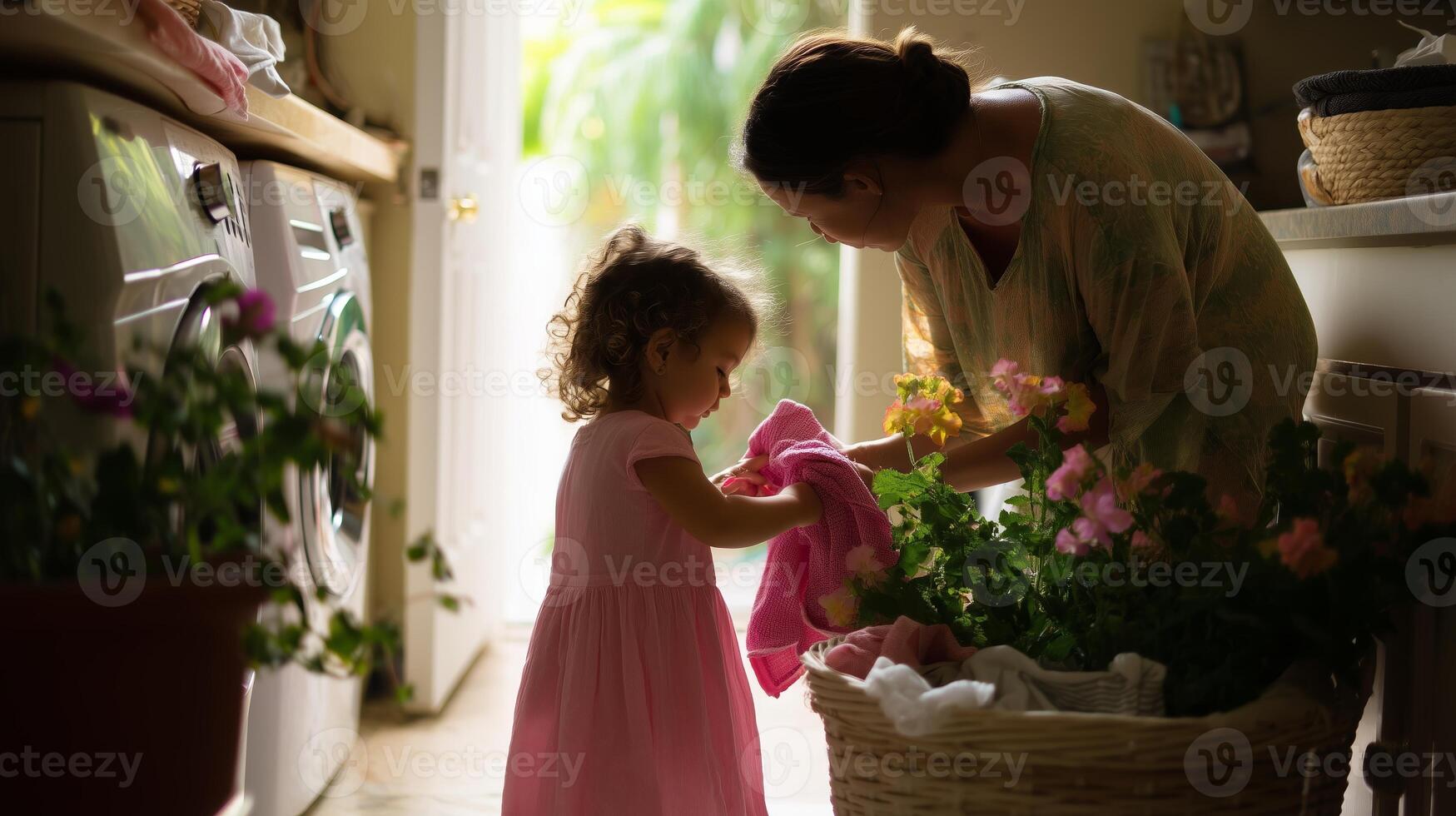 Mother and daughter engaging in laundry and gardening at home during daylight hours photo