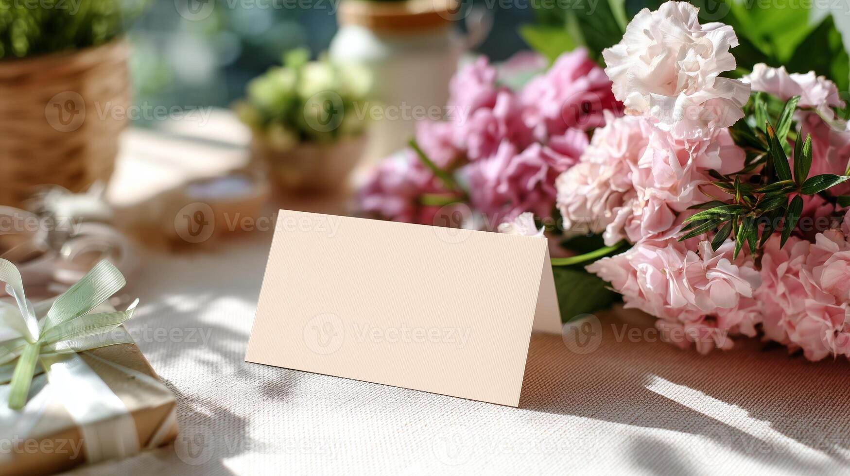 Beautiful spring table setting with flowers and blank card for notes or invitations at a cozy venue photo