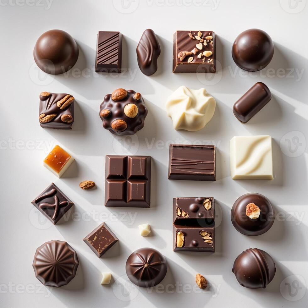 Assorted handcrafted chocolates arranged elegantly on a white background for an enticing dessert display photo