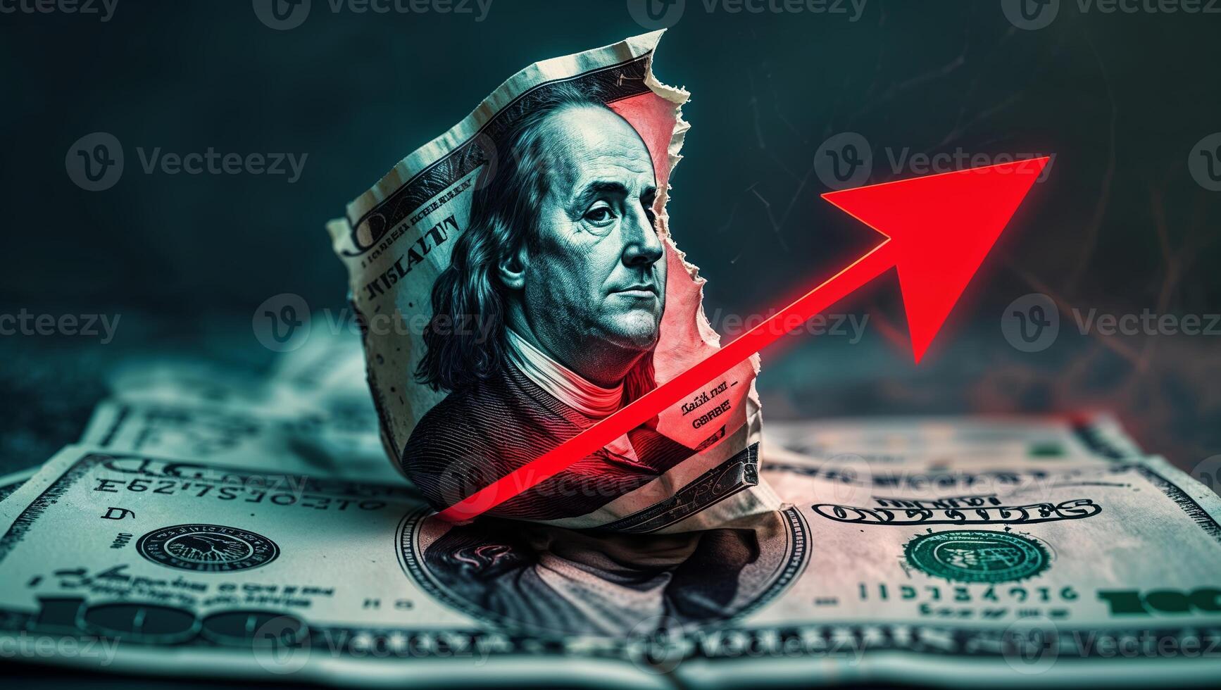 Dollar bill torn with Benjamin Franklin's face and red arrow symbolizing financial growth and investment photo