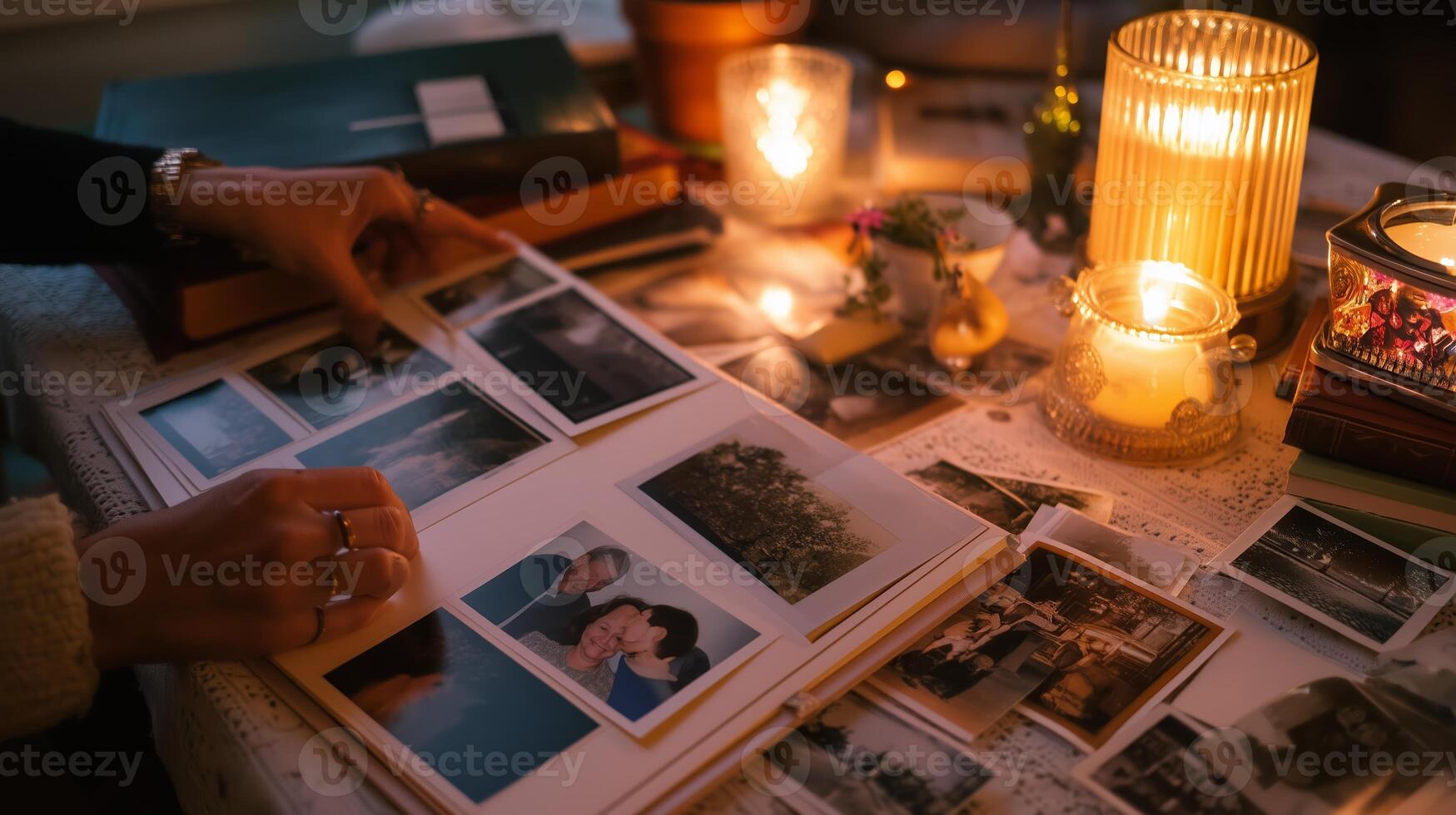 Family memories shared in a cozy setting with candles and nostalgia in a warm atmosphere during the evening photo