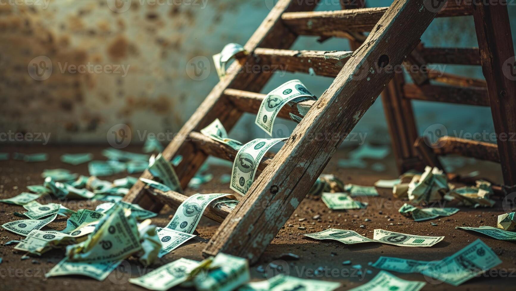 Money scattered around a wooden ladder in an abandoned space, creating a surreal scene of unexpected wealth photo