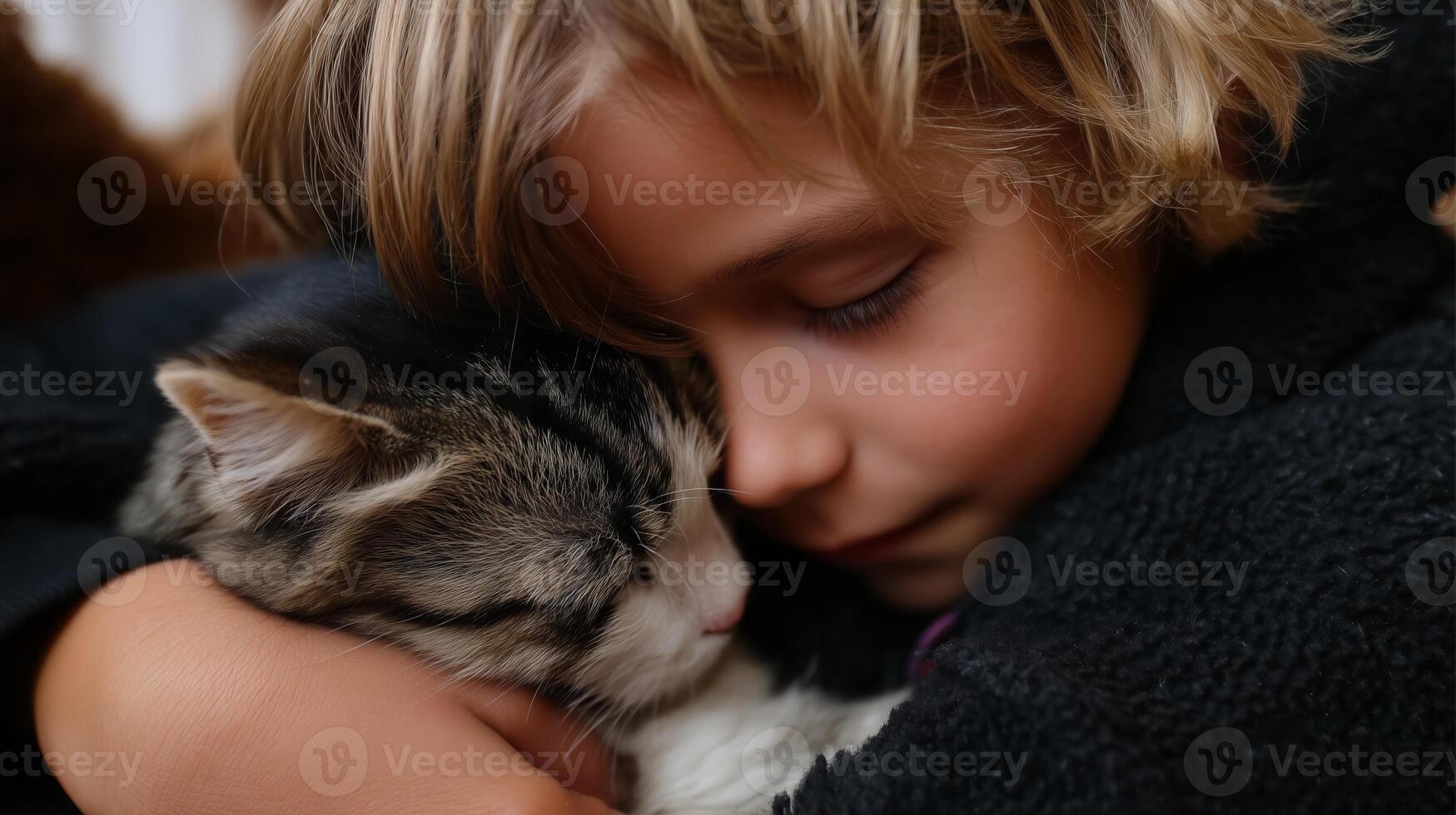 Child enjoys a tender moment while hugging a cat in a cozy indoor setting during the afternoon photo