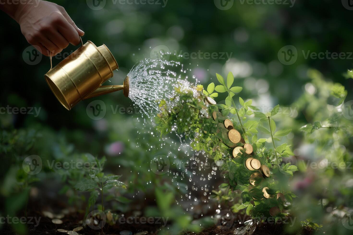 Watering a plant with coins sprouting from the soil in a serene garden setting during daytime photo