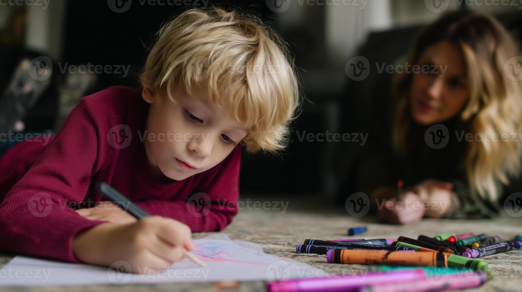 Child enjoys creative drawing time with mother on a cozy carpet in a well-lit living room during the afternoon photo