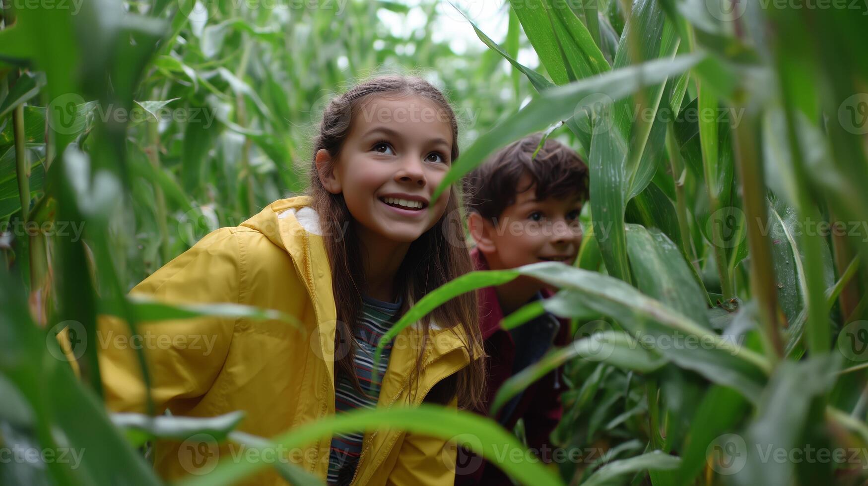 Children exploring a corn maze on a cloudy day filled with joy and excitement photo