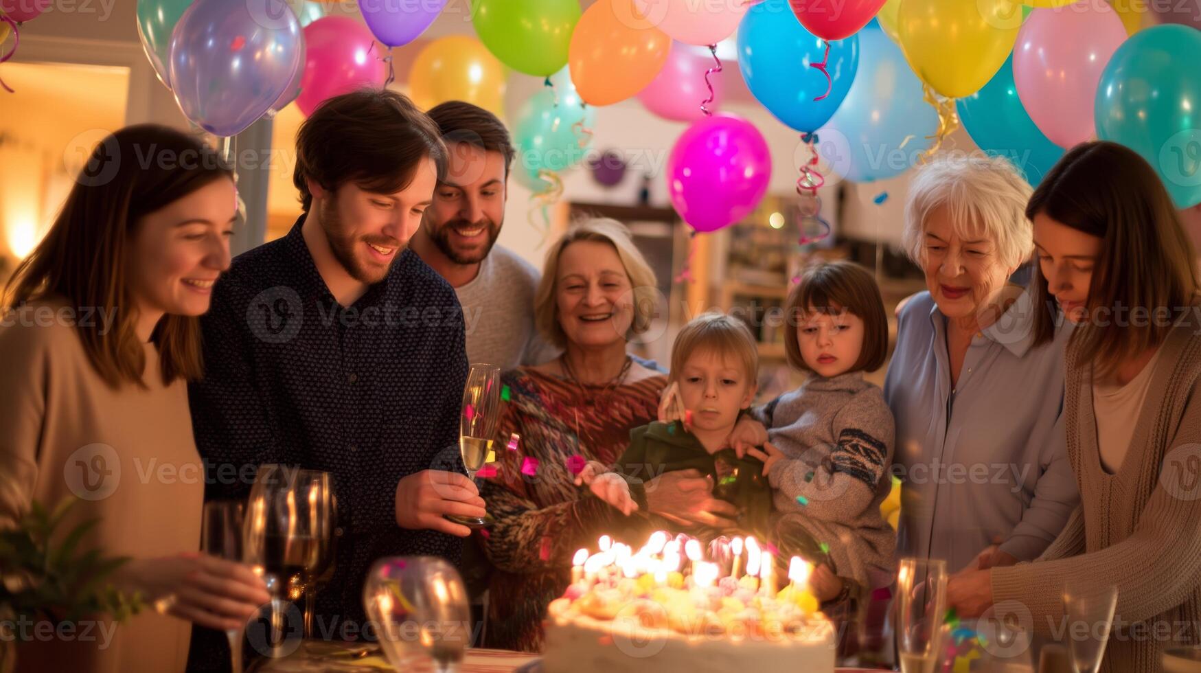 Family gathers to celebrate birthday with cake, balloons, and joyful laughter in a cozy indoor setting photo