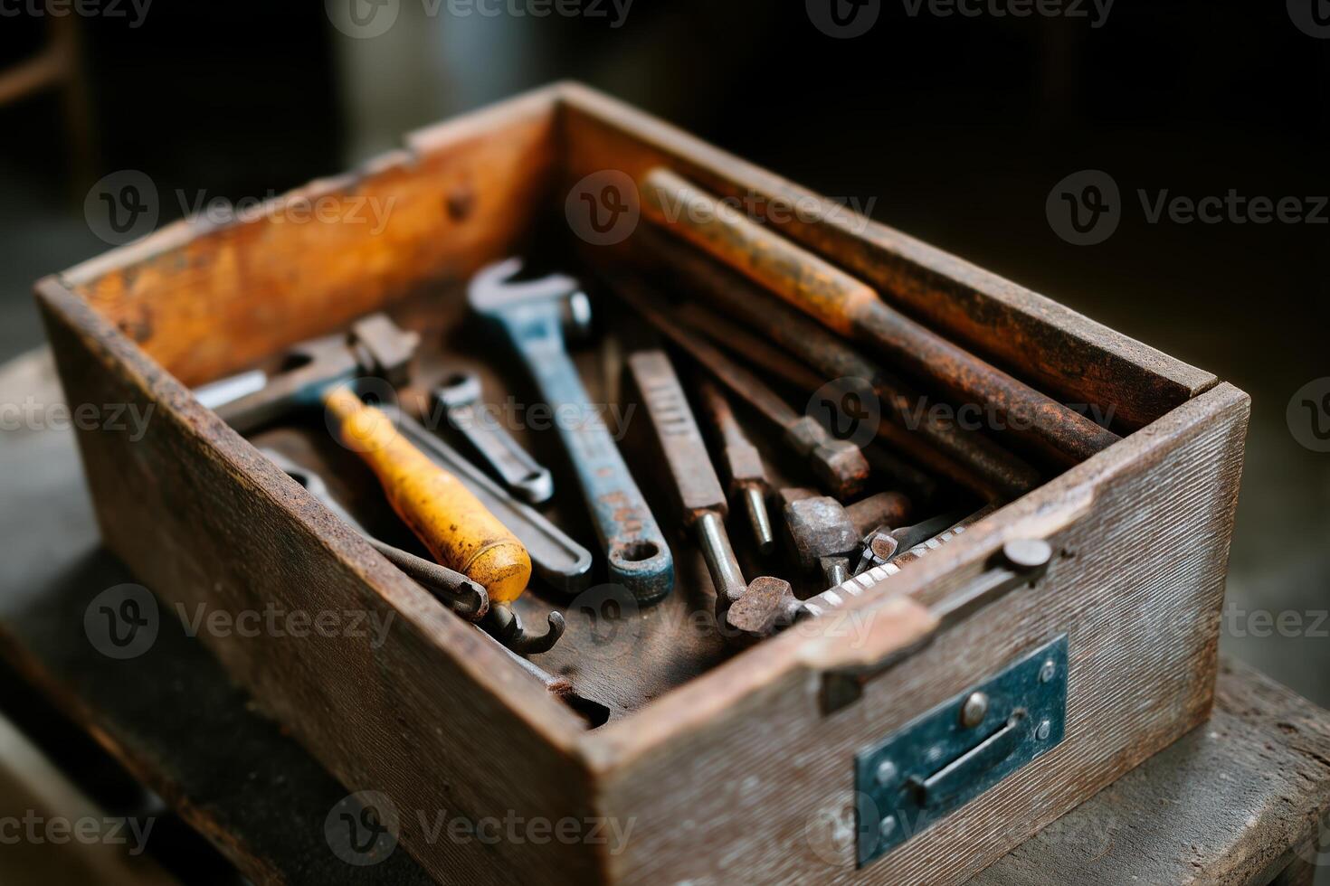 Vintage toolbox filled with various hand tools on a wooden surface in a workshop setting during daylight photo