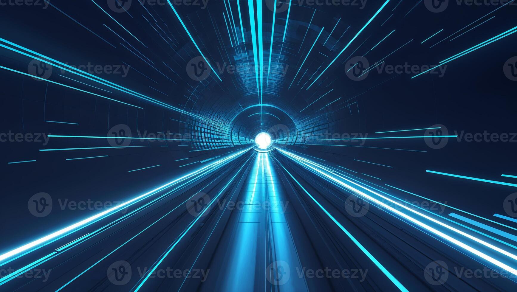 Dynamic light streaks create a vibrant tunnel effect suggesting speed and motion in a futuristic setting photo