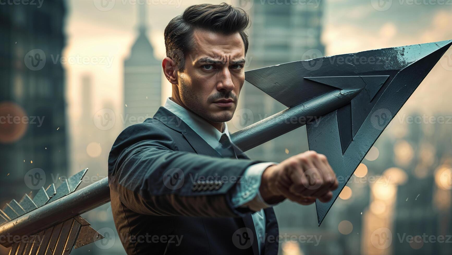 Man in a suit poses dramatically with a large metallic arrow on a city rooftop during sunset photo