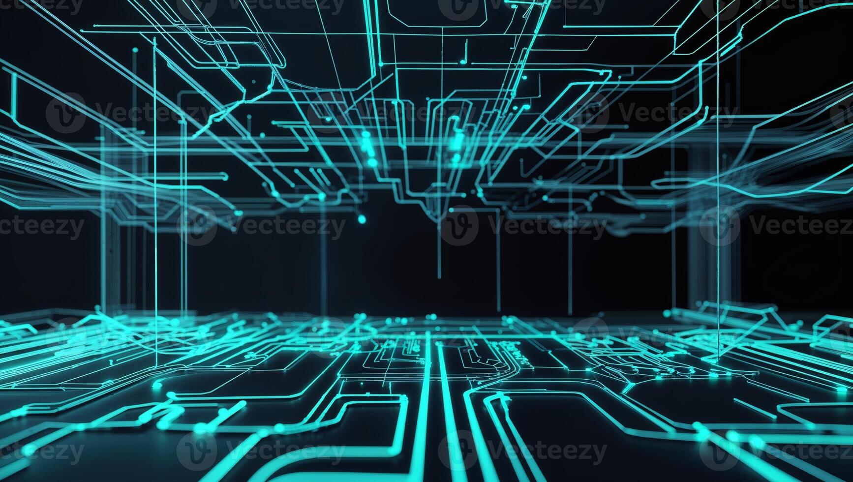 Digital circuit board design with glowing lines highlighting interconnected pathways and nodes in a futuristic environment photo