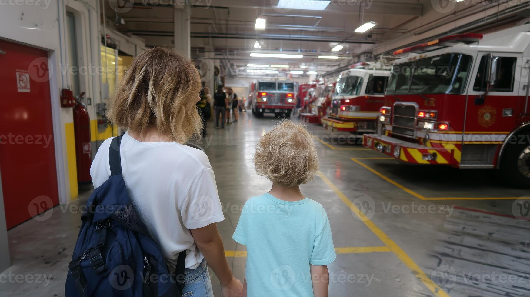 Family visits fire station to learn about firefighting and fire safety in a bustling urban environment photo